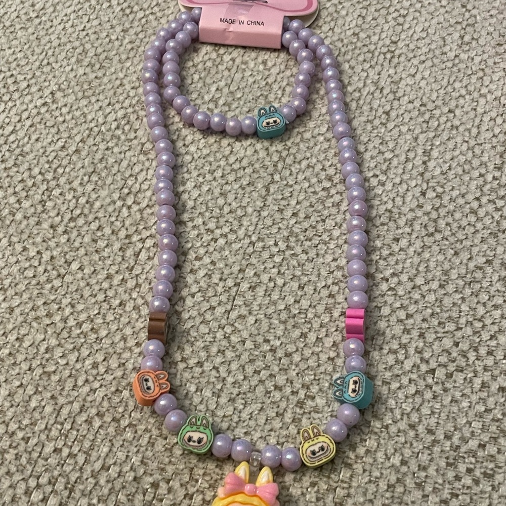 Labubu Kids Beaded Necklace and Bracelet Set - Purple